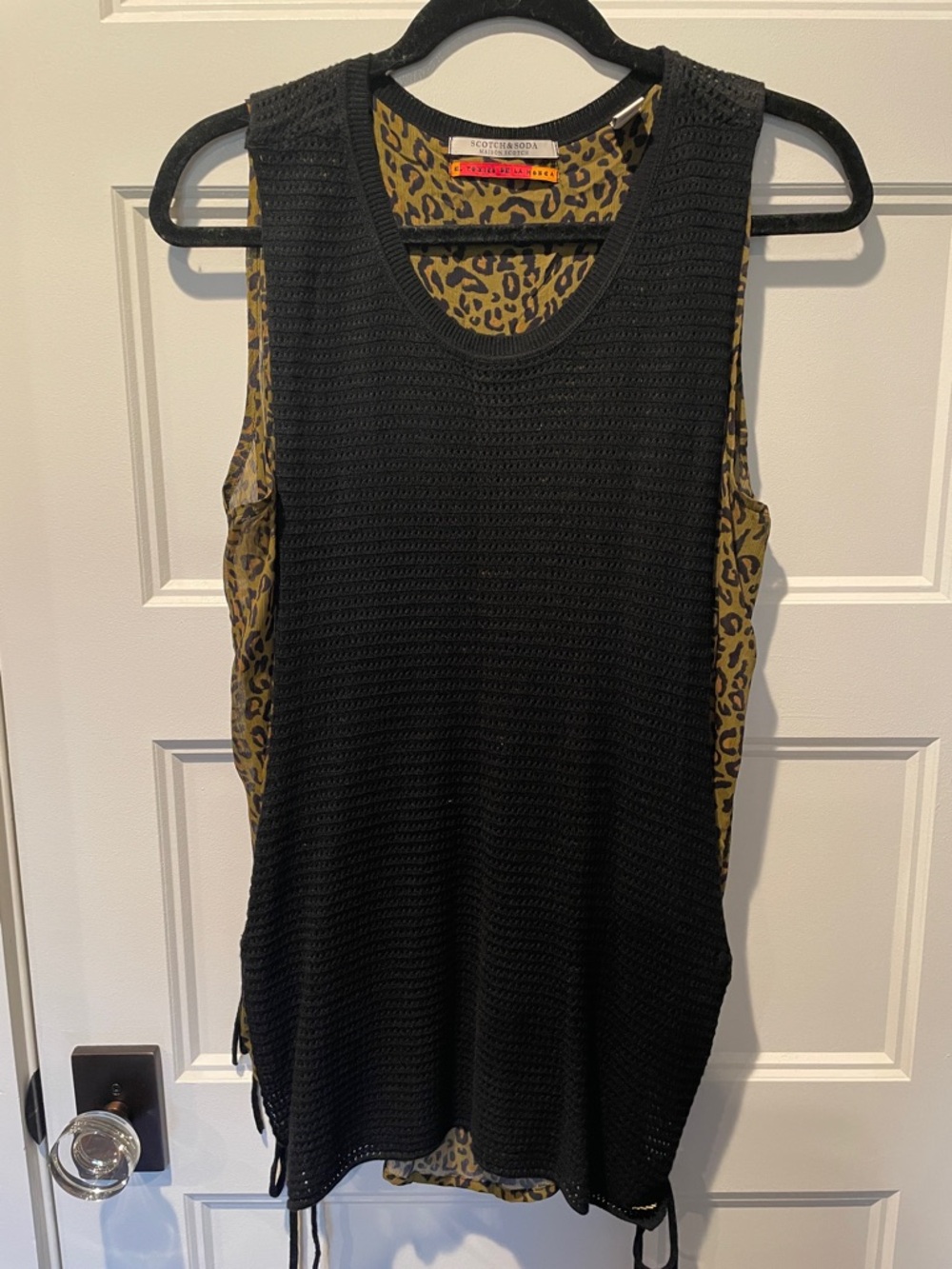 Scotch & Soda Black Knit Overlay Tank with Leopard-Print Liner